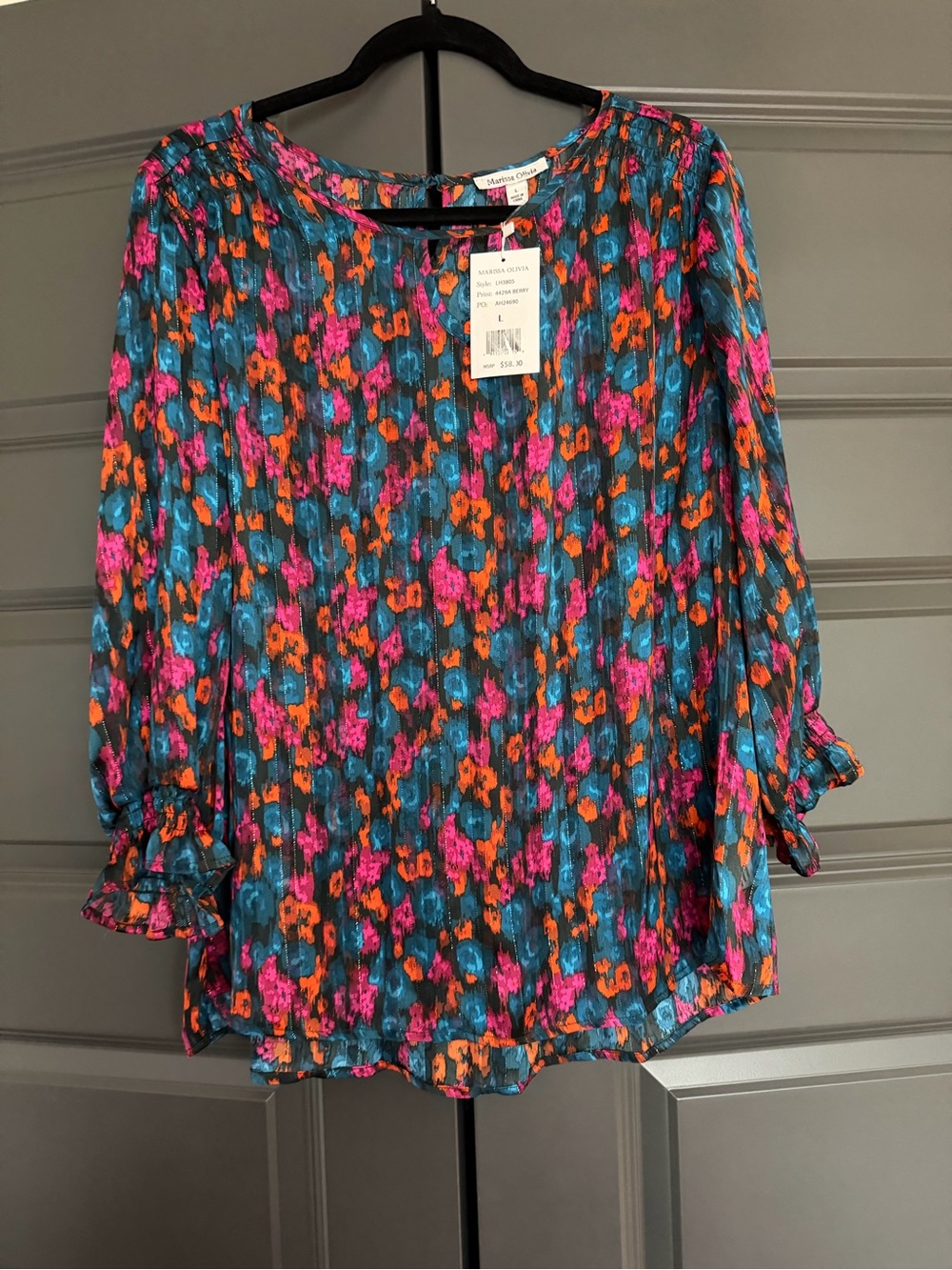 Vibrant Floral Pintuck Blouse — Teal, Pink & Orange